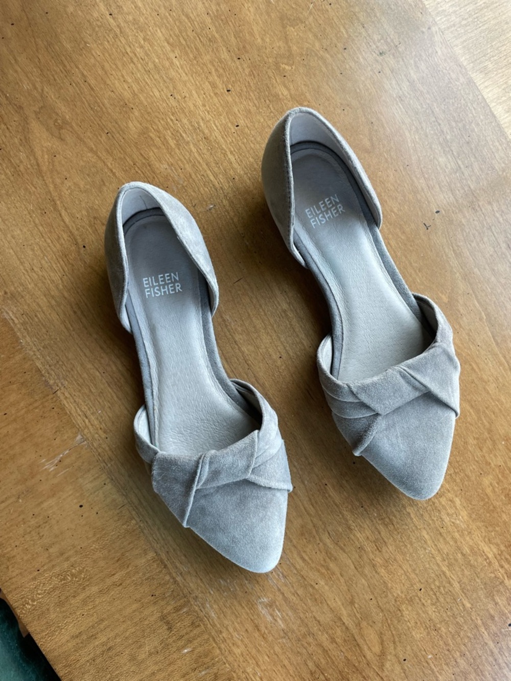 Eileen Fisher Light Gray Suede Pointed D'Orsay Flats with Knot Detail size 6